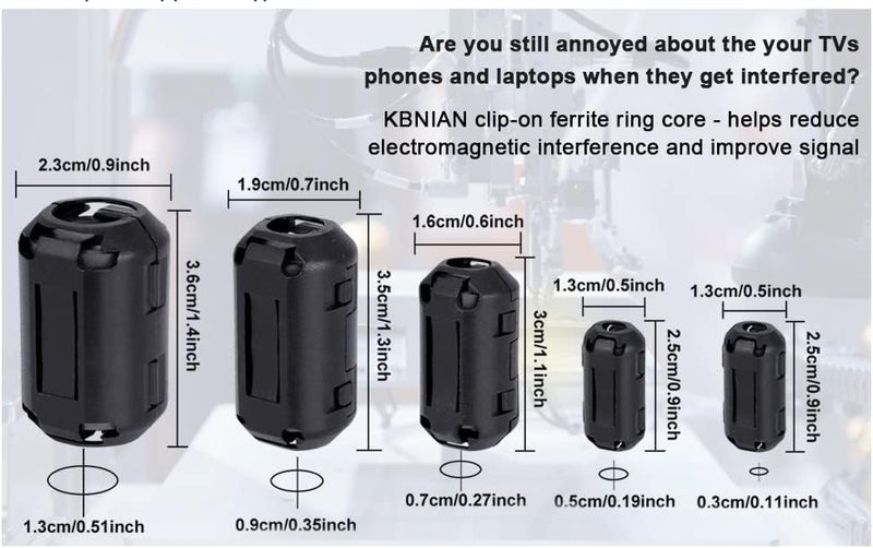 UU TOJOIN TOJOIN 10PCS Ferrite Bead Clip on Ferrite Core RFI EMI Noise Suppressor Ferrite Rings Cable Clip for Phone, TV, Speaker, USB Radio, Audio Equipment 3mm/5mm/7mm/9mm/13mm Inner Diameter Black，2 of each. - Image 3